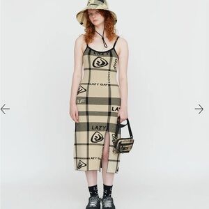 Lazy Oaf Cream and Black Plaid Checked Spaghetti Strap Knit Dress - size 4
